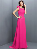 A-Line/Princess Bateau Hand-Made Flower Sleeveless Long Chiffon Bridesmaid Dresses TPP0005638