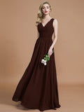 A-Line/Princess Sleeveless V-neck Floor-Length Chiffon Bridesmaid Dresses TPP0005347