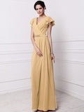 Sheath/Column V-neck Short Sleeves Pleats Long Chiffon Bridesmaid Dresses TPP0005438