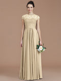 A-Line/Princess Jewel Short Sleeves Lace Floor-Length Chiffon Bridesmaid Dresses TPP0005179