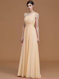 A-Line/Princess One-Shoulder Sleeveless Floor-Length Ruched Chiffon Bridesmaid Dresses TPP0005701