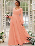 A-Line/Princess Chiffon Ruched V-neck Long Sleeves Floor-Length Bridesmaid Dresses TPP0004950