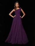 A-Line/Princess One-Shoulder Sleeveless Hand-Made Flower Long Chiffon Bridesmaid Dresses TPP0005084