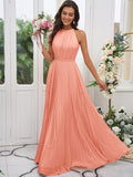 A-Line/Princess Chiffon Ruffles Halter Sleeveless Floor-Length Bridesmaid Dresses TPP0004922