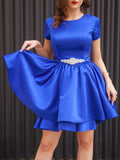 A-Line/Princess Satin Sash/Ribbon/Belt Scoop Short Sleeves Short/Mini Dresses TPP0004851