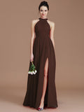 A-Line/Princess Halter Sleeveless Ruched Floor-Length Chiffon Bridesmaid Dresses TPP0005060