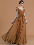 A-Line/Princess Off-the-Shoulder Sleeveless Floor-Length Ruched Chiffon Bridesmaid Dresses TPP0005358