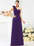 A-Line/Princess One-Shoulder Hand-Made Flower Sleeveless Long Chiffon Bridesmaid Dresses TPP0005311