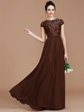 A-Line/Princess Jewel Short Sleeves Lace Floor-Length Chiffon Bridesmaid Dresses TPP0005264