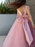 A-Line/Princess Tulle Bowknot V-neck Sleeveless Floor-Length Flower Girl Dresses TPP0007496