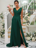 A-Line/Princess Chiffon Ruched V-neck Sleeveless Sweep/Brush Train Bridesmaid Dresses TPP0004916