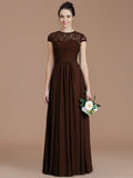 A-Line/Princess Jewel Short Sleeves Lace Floor-Length Chiffon Bridesmaid Dresses TPP0005179