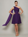 A-Line/Princess One-Shoulder Sleeveless Pleats Short Chiffon Bridesmaid Dresses TPP0005095