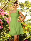 A-Line/Princess One-Shoulder Hand-Made Flower Sleeveless Short Chiffon Bridesmaid Dresses TPP0005319