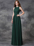 A-line/Princess Jewel Ruched Sleeveless Long Chiffon Bridesmaid Dresses TPP0005189