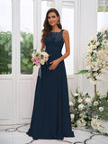 A-Line/Princess Chiffon Applique Square Sleeveless Floor-Length Bridesmaid Dresses TPP0004921