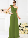 A-Line/Princess One-Shoulder Hand-Made Flower Sleeveless Long Chiffon Bridesmaid Dresses TPP0005311