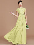 A-Line/Princess Jewel Short Sleeves Lace Floor-Length Chiffon Bridesmaid Dresses TPP0005264