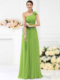 A-Line/Princess One-Shoulder Pleats Hand-Made Flower Sleeveless Long Chiffon Bridesmaid Dresses TPP0005131