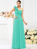 A-Line/Princess One-Shoulder Hand-Made Flower Sleeveless Long Chiffon Bridesmaid Dresses TPP0005311