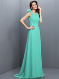 A-Line/Princess Bateau Hand-Made Flower Sleeveless Long Chiffon Bridesmaid Dresses TPP0005638