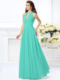 A-Line/Princess Halter Pleats Sleeveless Long Chiffon Bridesmaid Dresses TPP0002801