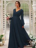 A-Line/Princess Chiffon Ruched V-neck Long Sleeves Floor-Length Bridesmaid Dresses TPP0004950