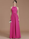 A-Line/Princess Halter Sleeveless Ruched Floor-Length Chiffon Bridesmaid Dresses TPP0005263