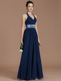 A-Line/Princess Halter Sleeveless Sash/Ribbon/Belt Floor-Length Chiffon Bridesmaid Dresses TPP0005410