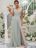 A-Line/Princess Chiffon Ruched V-neck Sleeveless Sweep/Brush Train Bridesmaid Dresses TPP0004916