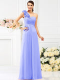 A-Line/Princess One-Shoulder Hand-Made Flower Sleeveless Long Chiffon Bridesmaid Dresses TPP0005311