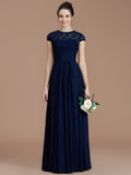 A-Line/Princess Jewel Short Sleeves Lace Floor-Length Chiffon Bridesmaid Dresses TPP0005179