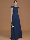 A-Line/Princess Jewel Short Sleeves Floor-Length Lace Chiffon Bridesmaid Dresses TPP0005810