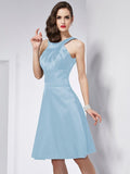 A-Line/Princess Scoop Sleeveless Pleats Short Elastic Woven Satin Bridesmaid Dresses TPP0005103