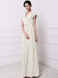 Sheath/Column V-neck Short Sleeves Pleats Long Chiffon Bridesmaid Dresses TPP0005438