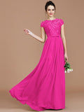 A-Line/Princess Jewel Short Sleeves Lace Floor-Length Chiffon Bridesmaid Dresses TPP0005264