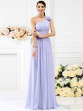 A-Line/Princess One-Shoulder Pleats Hand-Made Flower Sleeveless Long Chiffon Bridesmaid Dresses TPP0005131