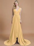 A-Line/Princess Sleeveless V-neck Chiffon Sweep/Brush Train Bridesmaid Dresses TPP0005308