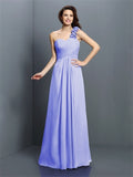 A-Line/Princess One-Shoulder Hand-Made Flower Sleeveless Long Chiffon Bridesmaid Dresses TPP0005570