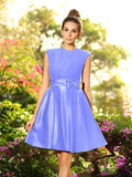 A-Line/Princess High Neck Bowknot Sleeveless Short Satin Bridesmaid Dresses TPP0005229