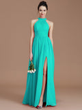 A-Line/Princess Halter Sleeveless Ruched Floor-Length Chiffon Bridesmaid Dresses TPP0005060