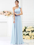 A-Line/Princess One-Shoulder Pleats Hand-Made Flower Sleeveless Long Chiffon Bridesmaid Dresses TPP0005131