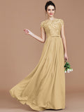 A-Line/Princess Jewel Short Sleeves Lace Floor-Length Chiffon Bridesmaid Dresses TPP0005264