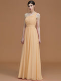 A-Line/Princess One-Shoulder Sleeveless Floor-Length Ruched Chiffon Bridesmaid Dresses TPP0005701