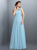 A-Line/Princess One-Shoulder Hand-Made Flower Pleats Sleeveless Long Chiffon Bridesmaid Dresses TPP0005399