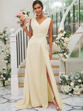 A-Line/Princess Chiffon Ruched V-neck Sleeveless Sweep/Brush Train Bridesmaid Dresses TPP0004916