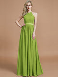 A-Line/Princess Halter Sleeveless Ruched Floor-Length Chiffon Bridesmaid Dresses TPP0005700