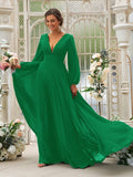 A-Line/Princess Chiffon Ruffles V-neck Long Sleeves Sweep/Brush Train Bridesmaid Dresses TPP0004894