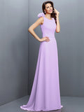 A-Line/Princess Bateau Hand-Made Flower Sleeveless Long Chiffon Bridesmaid Dresses TPP0005638