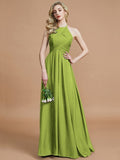 A-Line/Princess Halter Sleeveless Ruched Floor-Length Chiffon Bridesmaid Dresses TPP0005208